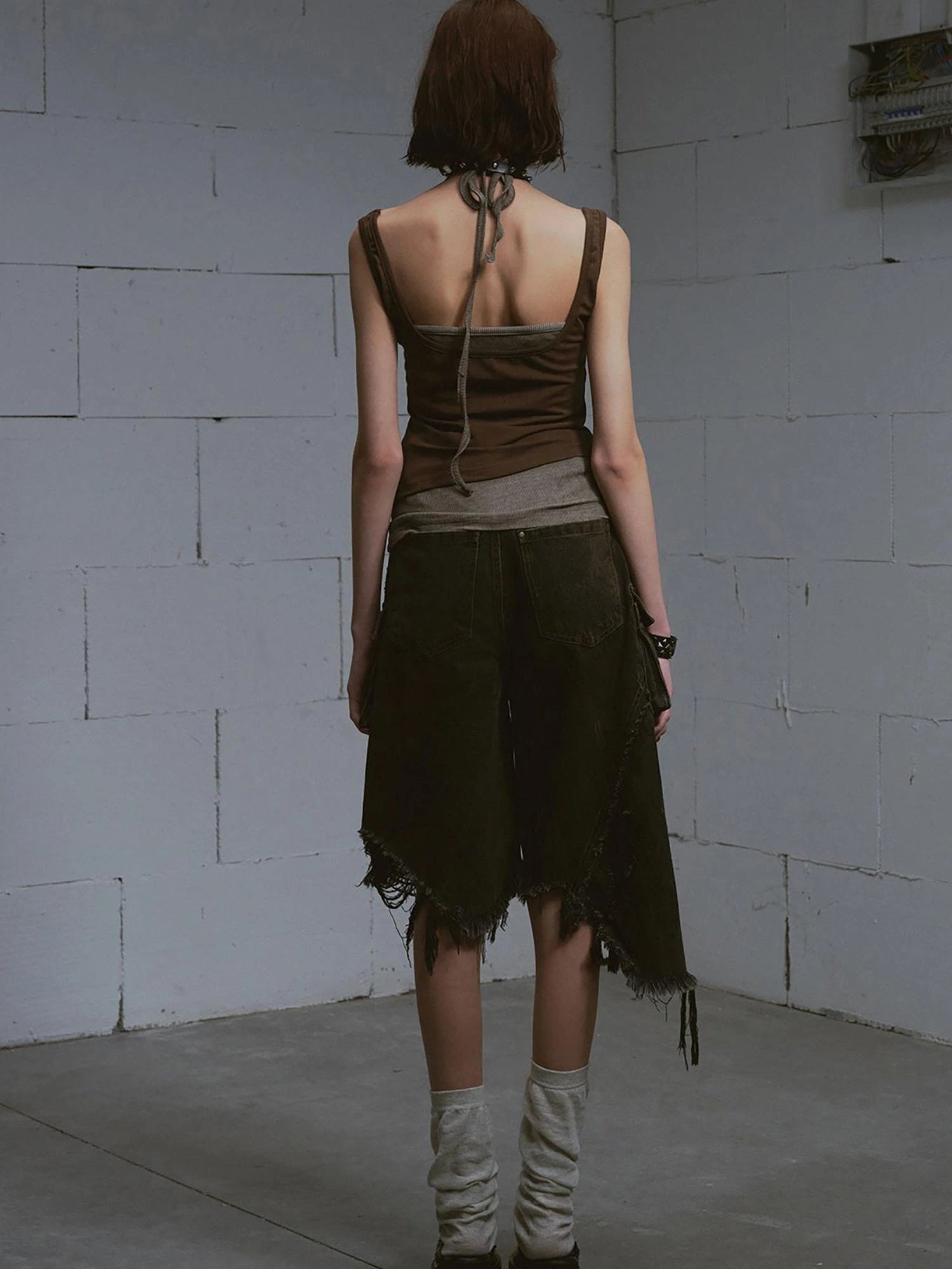 Mud Dyed Grunge Denim Cropped Shorts With Raw Hem Patchwork