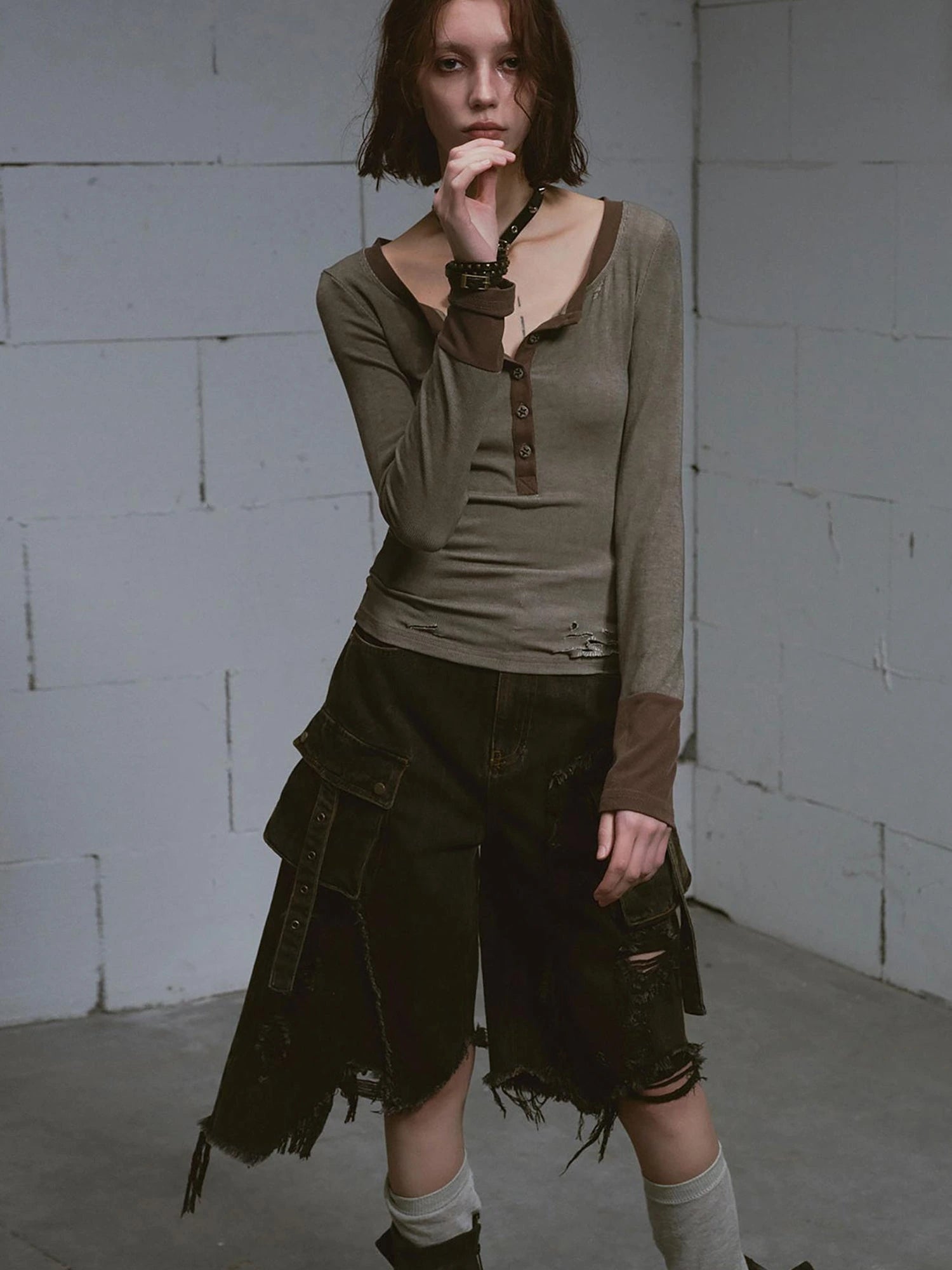 Mud Dyed Grunge Denim Cropped Shorts With Raw Hem Patchwork