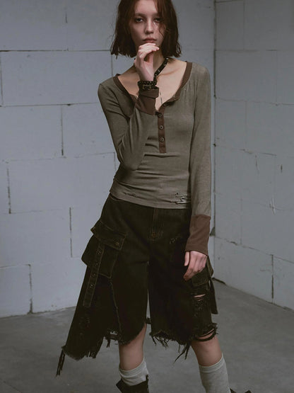 Mud Dyed Grunge Denim Cropped Shorts With Raw Hem Patchwork