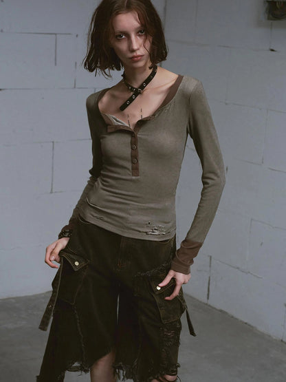 Mud Dyed Grunge Denim Cropped Shorts With Raw Hem Patchwork