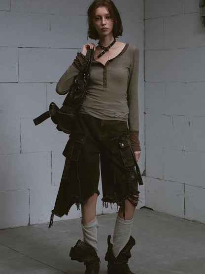 Mud Dyed Grunge Denim Cropped Shorts With Raw Hem Patchwork