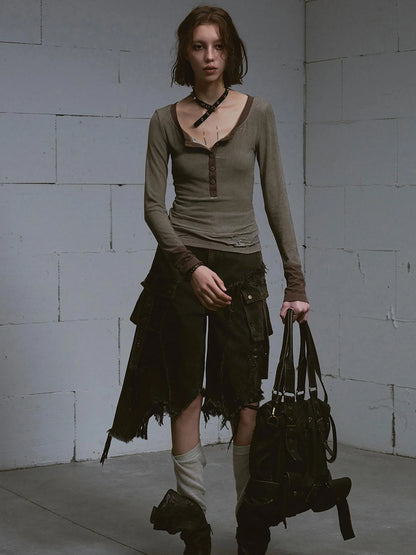 Mud Dyed Grunge Denim Cropped Shorts With Raw Hem Patchwork