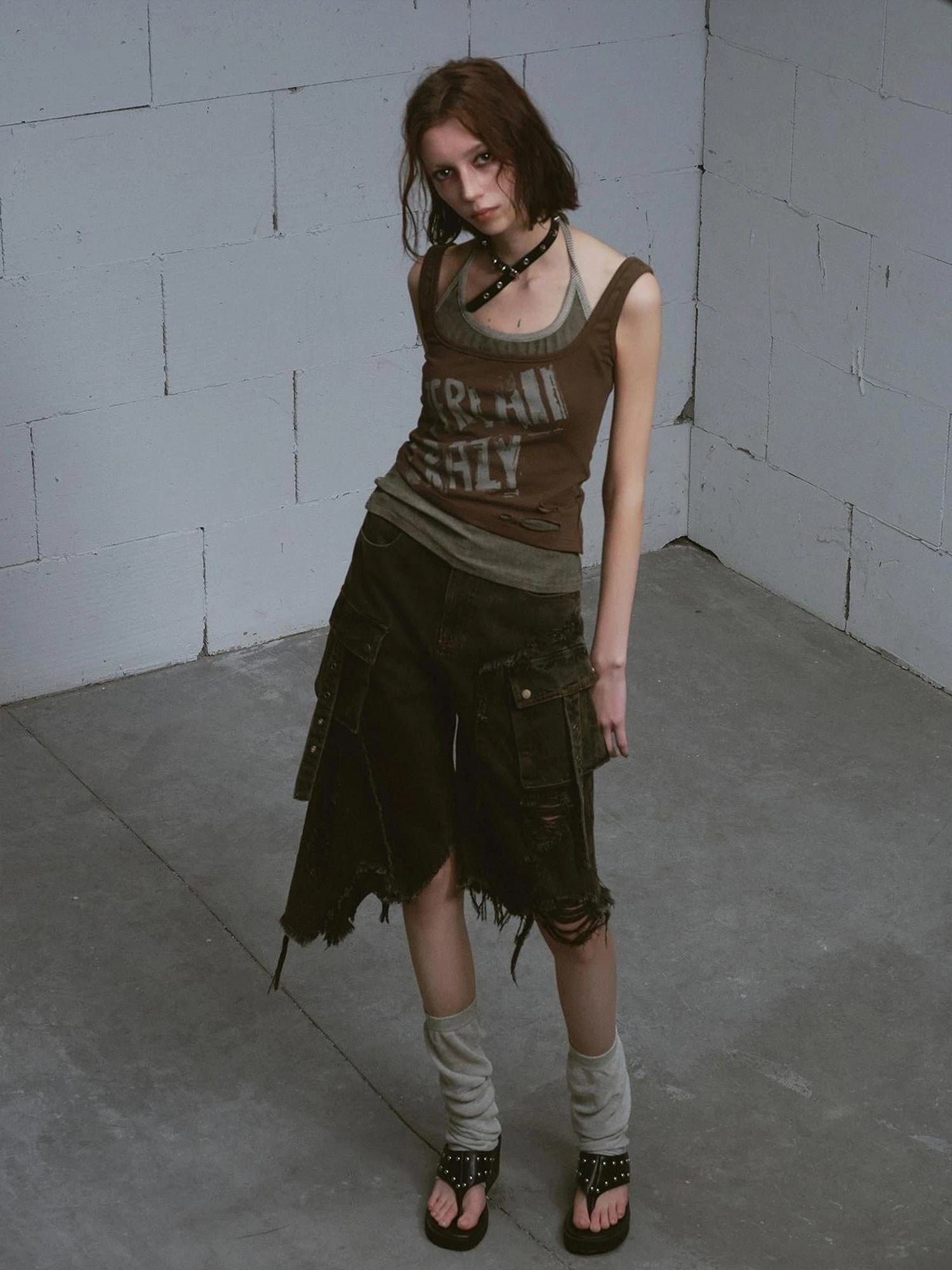 Mud Dyed Grunge Denim Cropped Shorts With Raw Hem Patchwork