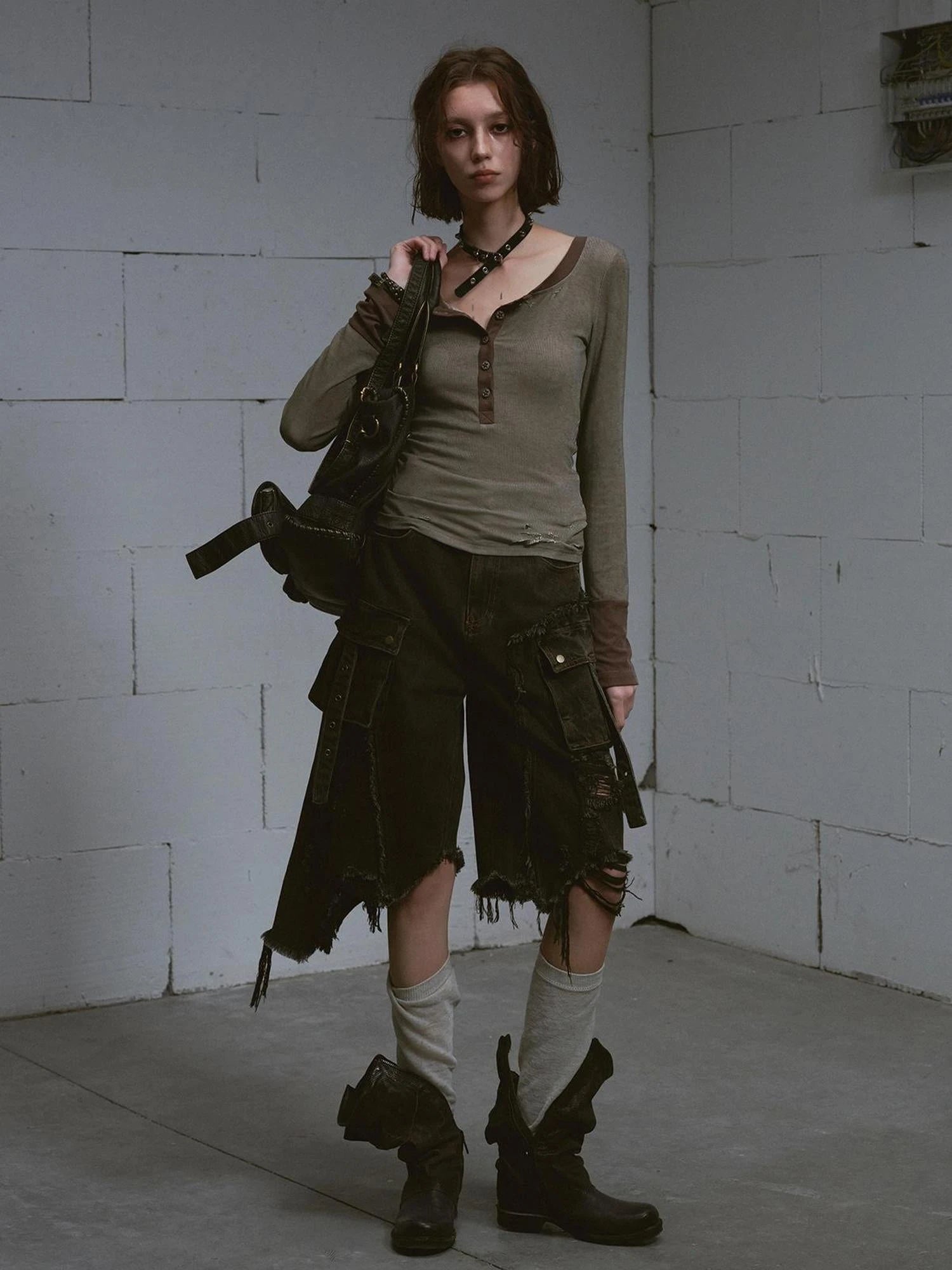 Mud Dyed Grunge Denim Cropped Shorts With Raw Hem Patchwork