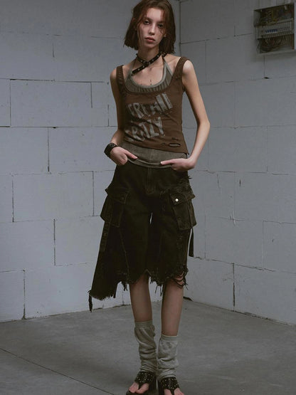 Mud Dyed Grunge Denim Cropped Shorts With Raw Hem Patchwork