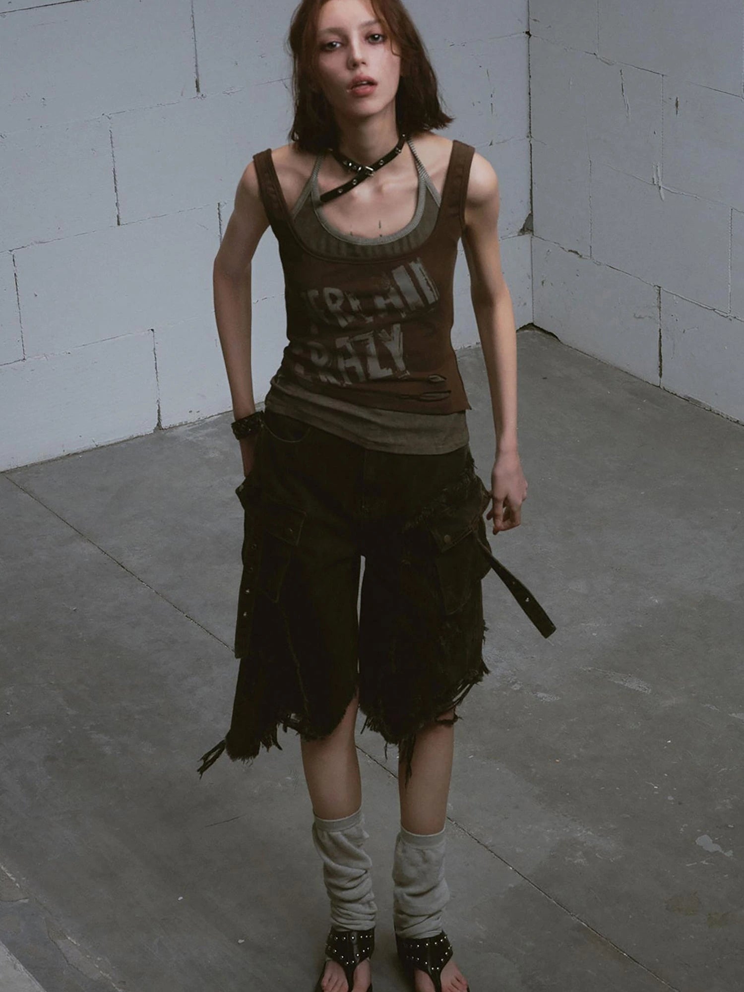 Mud Dyed Grunge Denim Cropped Shorts With Raw Hem Patchwork