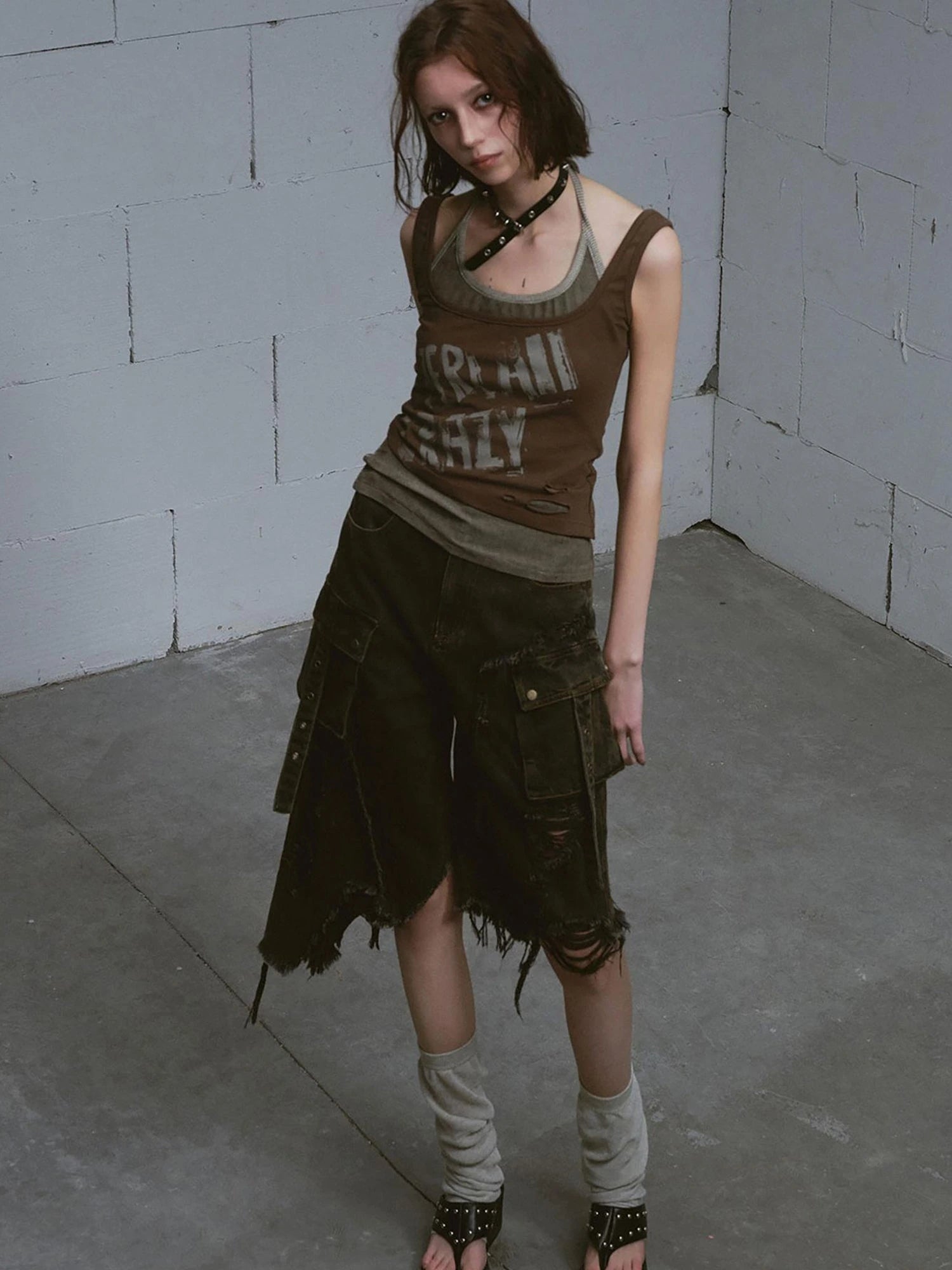 Mud Dyed Grunge Denim Cropped Shorts With Raw Hem Patchwork