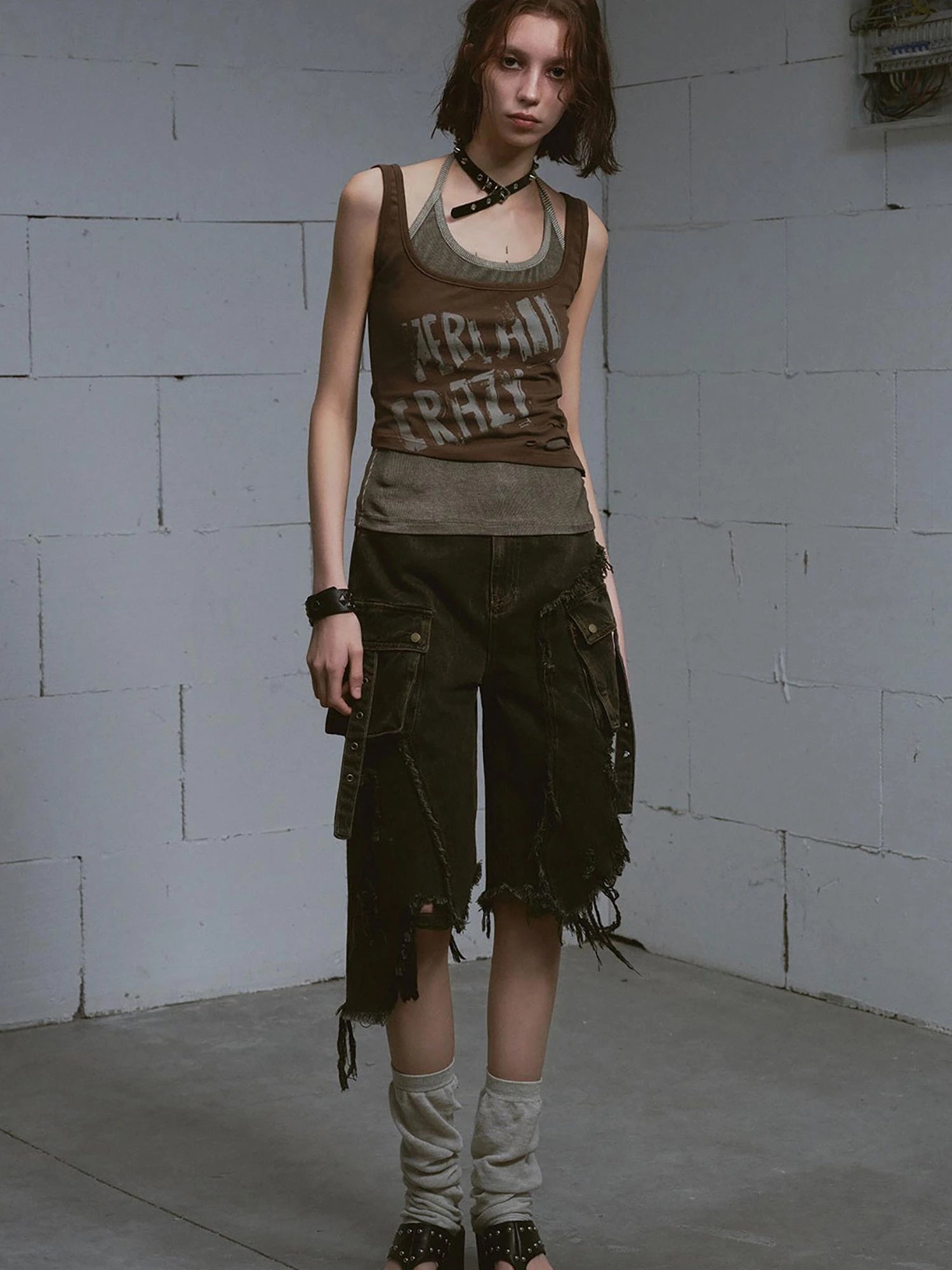 Mud Dyed Grunge Denim Cropped Shorts With Raw Hem Patchwork