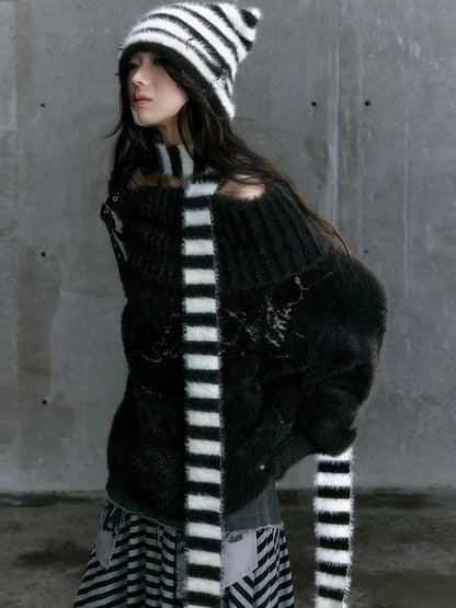 Punk Stripe Cat Ear Studded Scarf Beanie