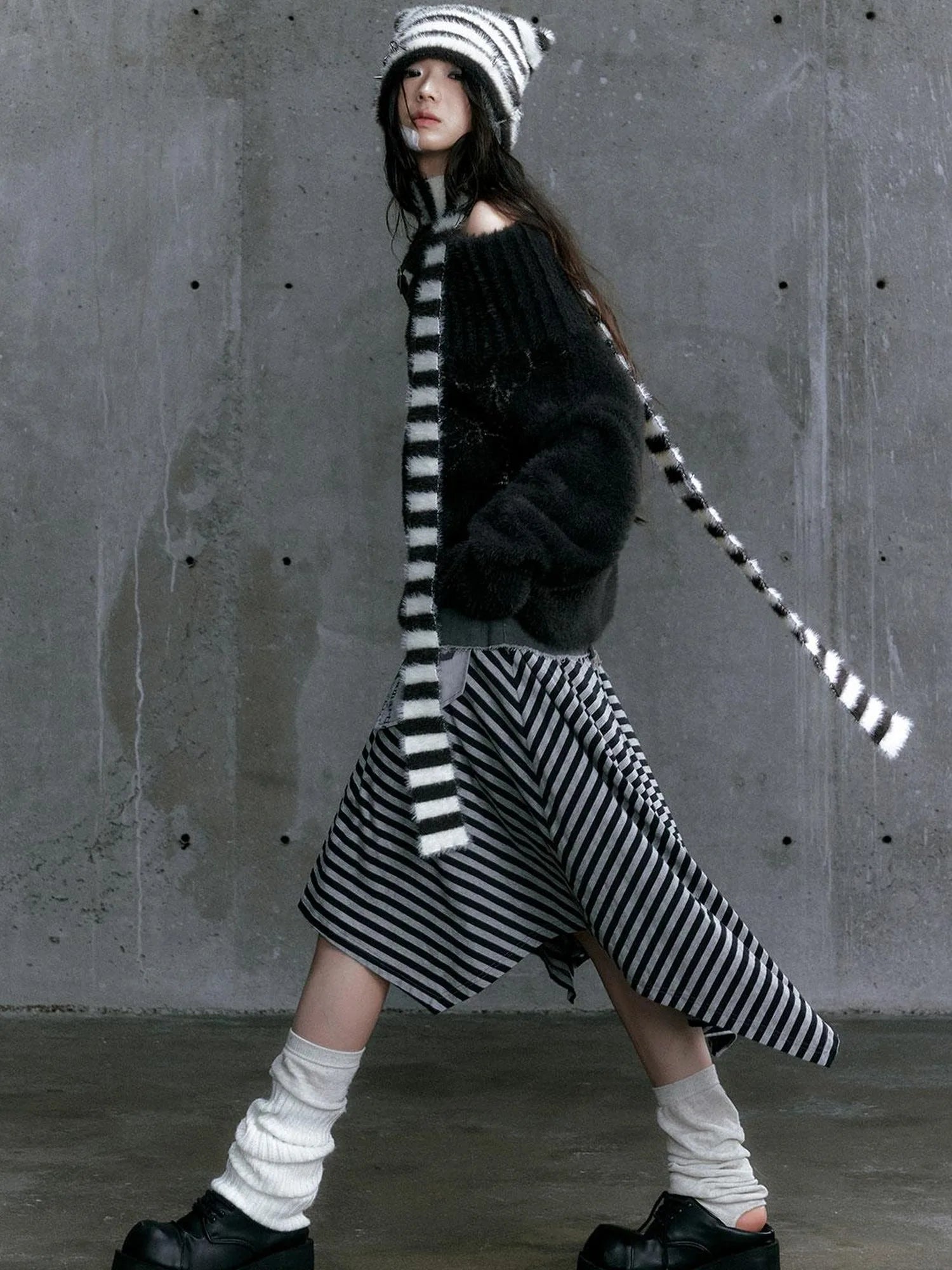 Punk Stripe Cat Ear Studded Scarf Beanie