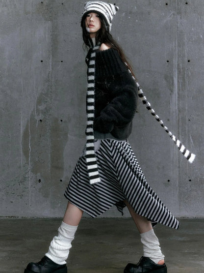 Punk Stripe Cat Ear Studded Scarf Beanie