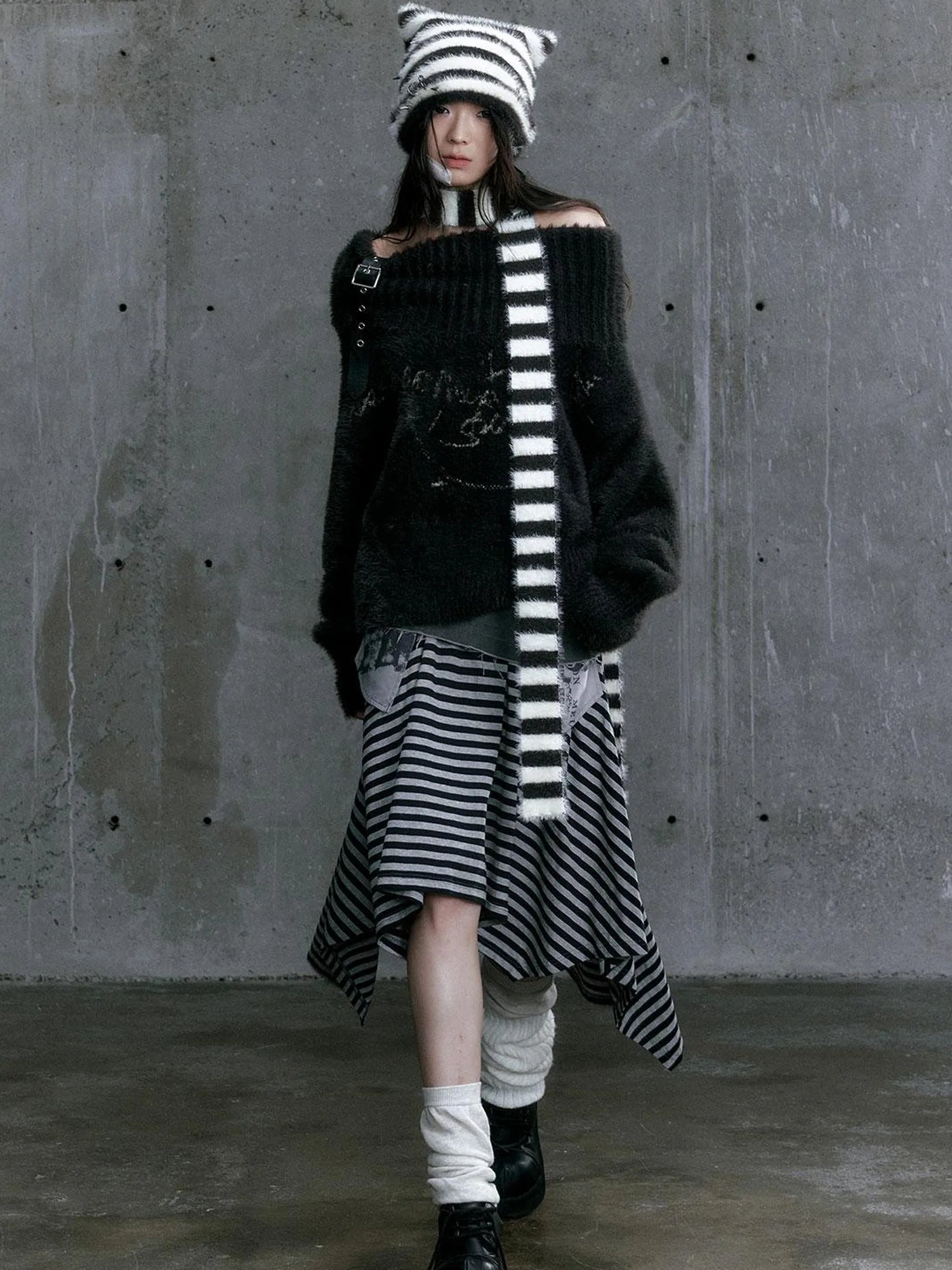 Punk Stripe Cat Ear Studded Scarf Beanie