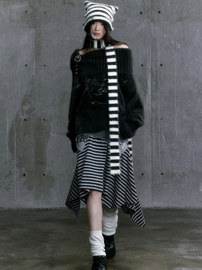 Punk Stripe Cat Ear Studded Scarf Beanie