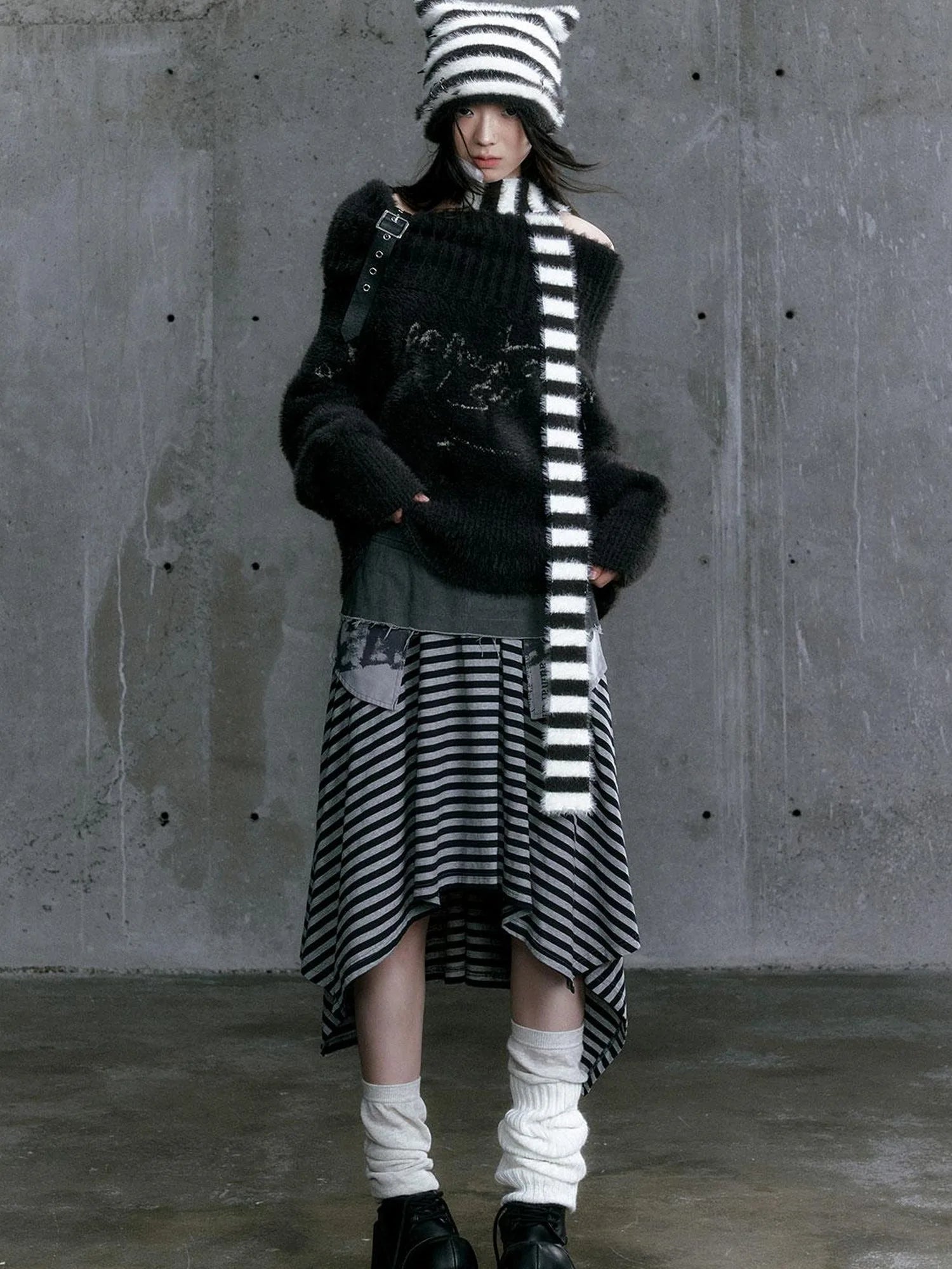 Punk Stripe Cat Ear Studded Scarf Beanie