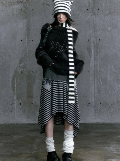 Punk Stripe Cat Ear Studded Scarf Beanie