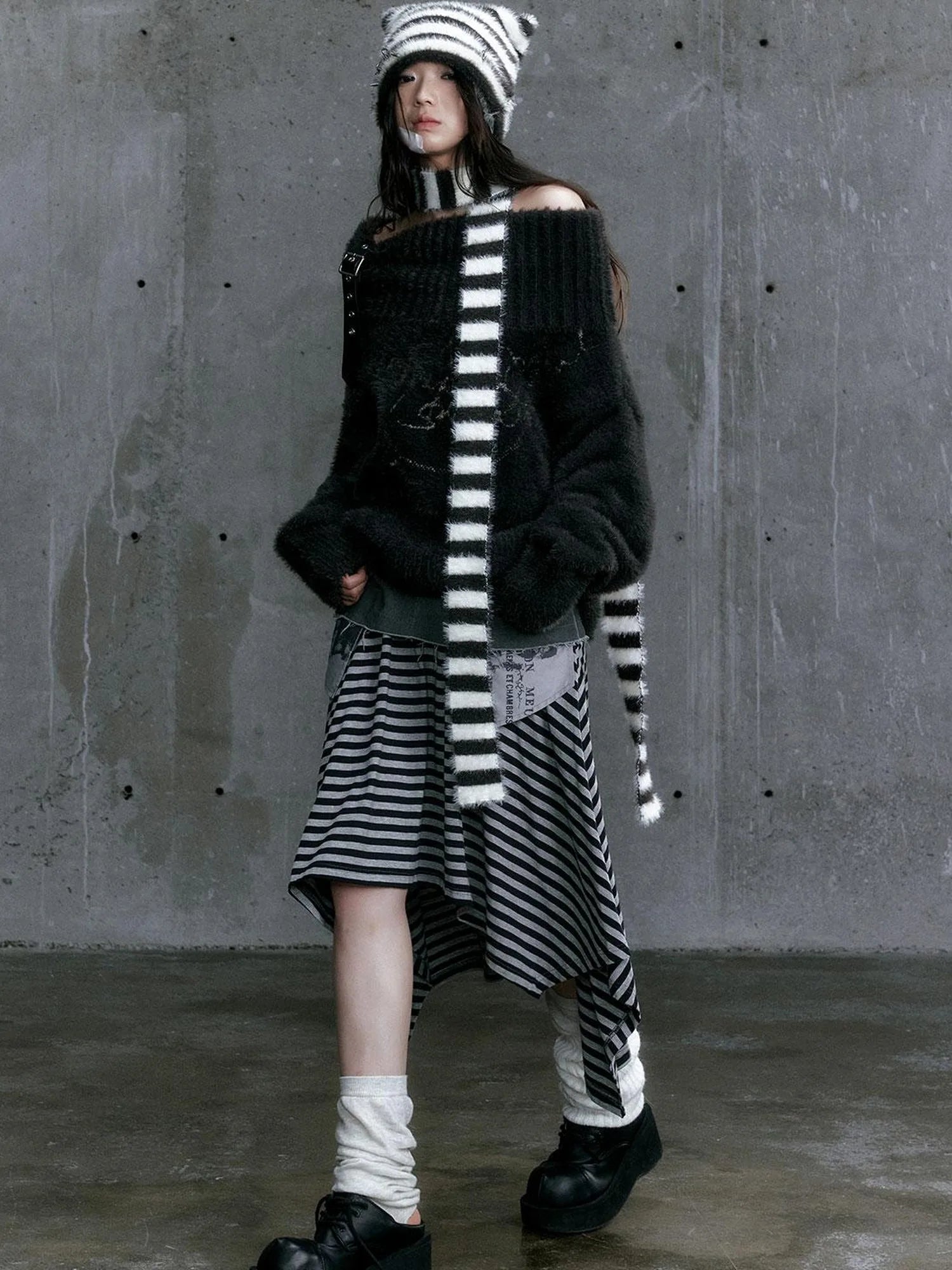 Punk Stripe Cat Ear Studded Scarf Beanie