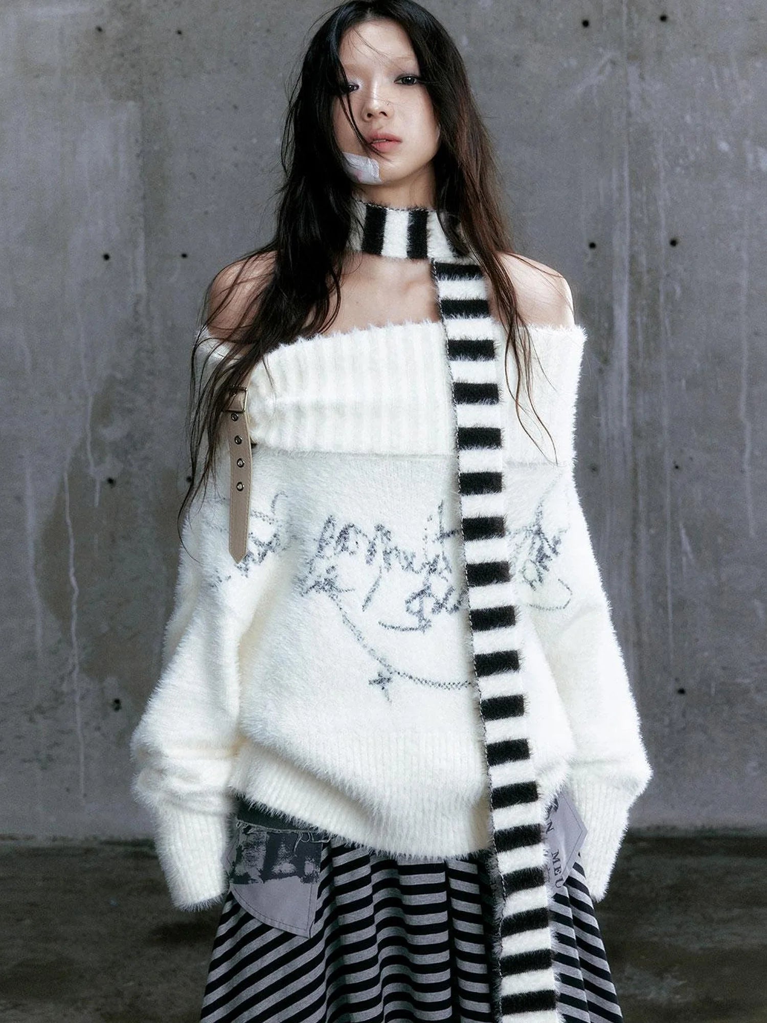 Punk Stripe Cat Ear Studded Scarf Beanie