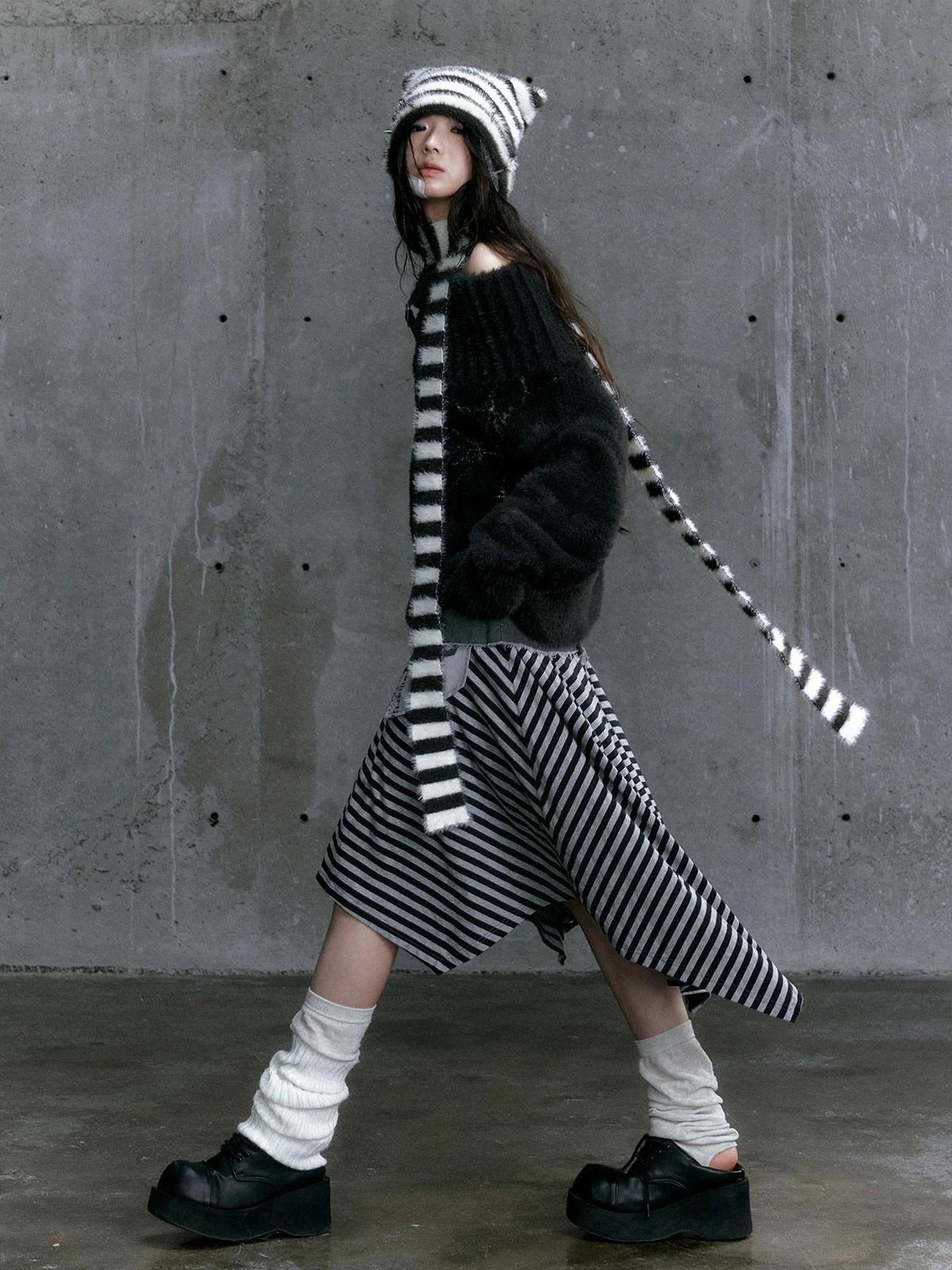 Punk Stripe Cat Ear Studded Scarf Beanie