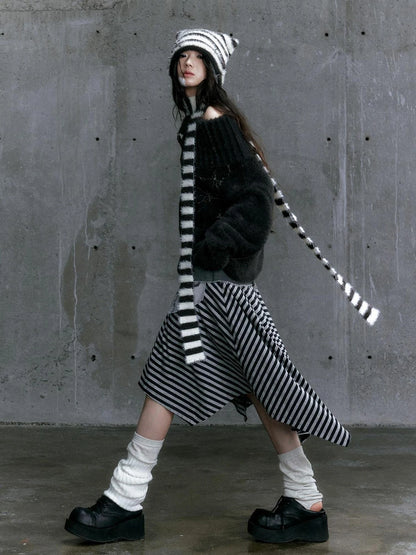 Punk Stripe Cat Ear Studded Scarf Beanie