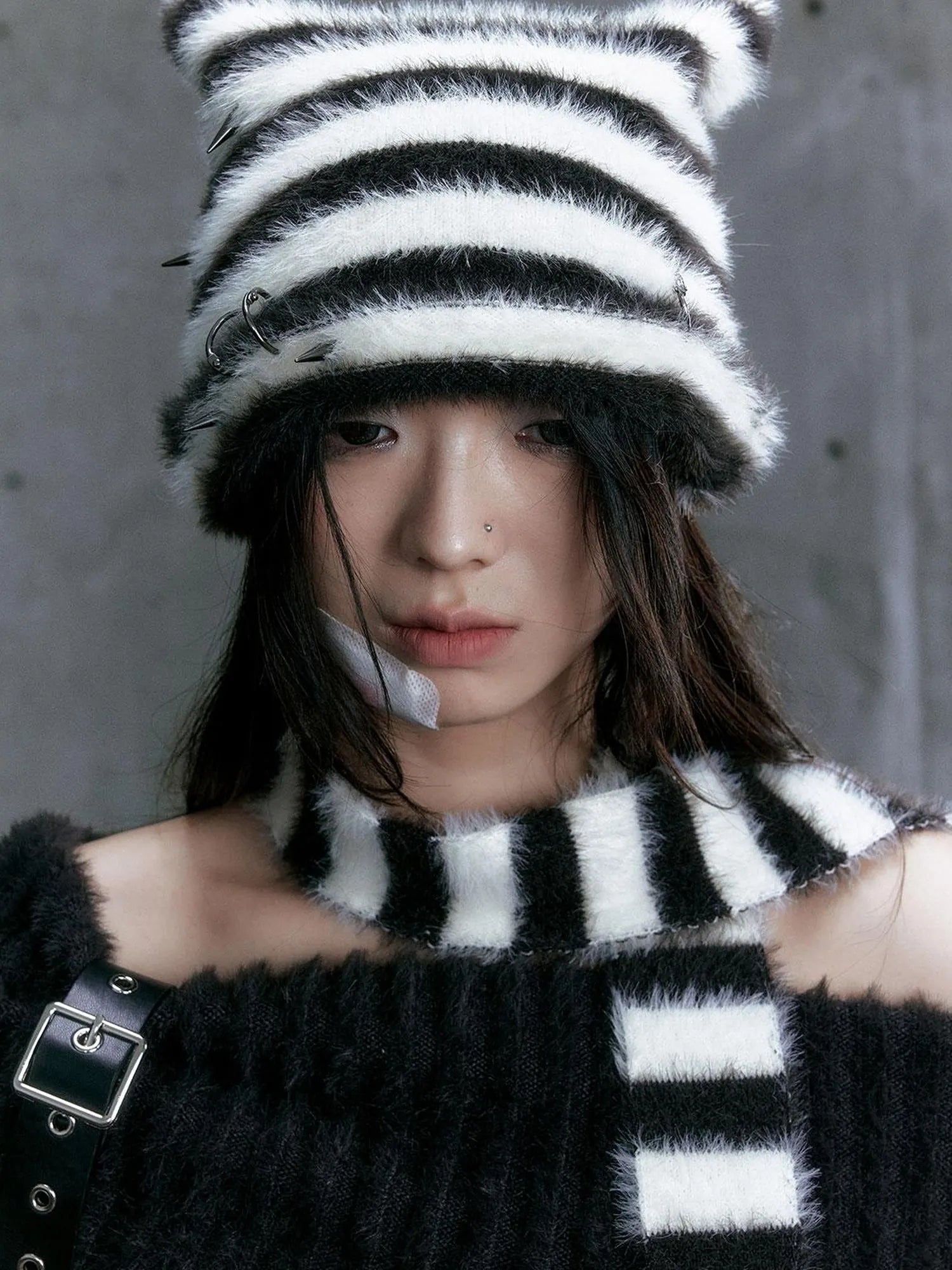 Punk Stripe Cat Ear Studded Scarf Beanie