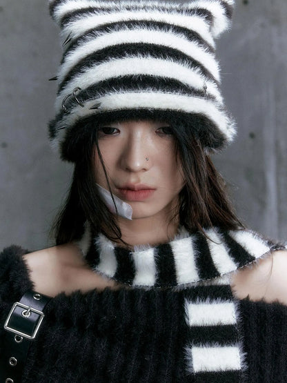 Punk Stripe Cat Ear Studded Scarf Beanie