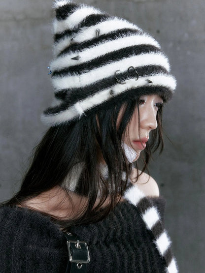 Punk Stripe Cat Ear Studded Scarf Beanie