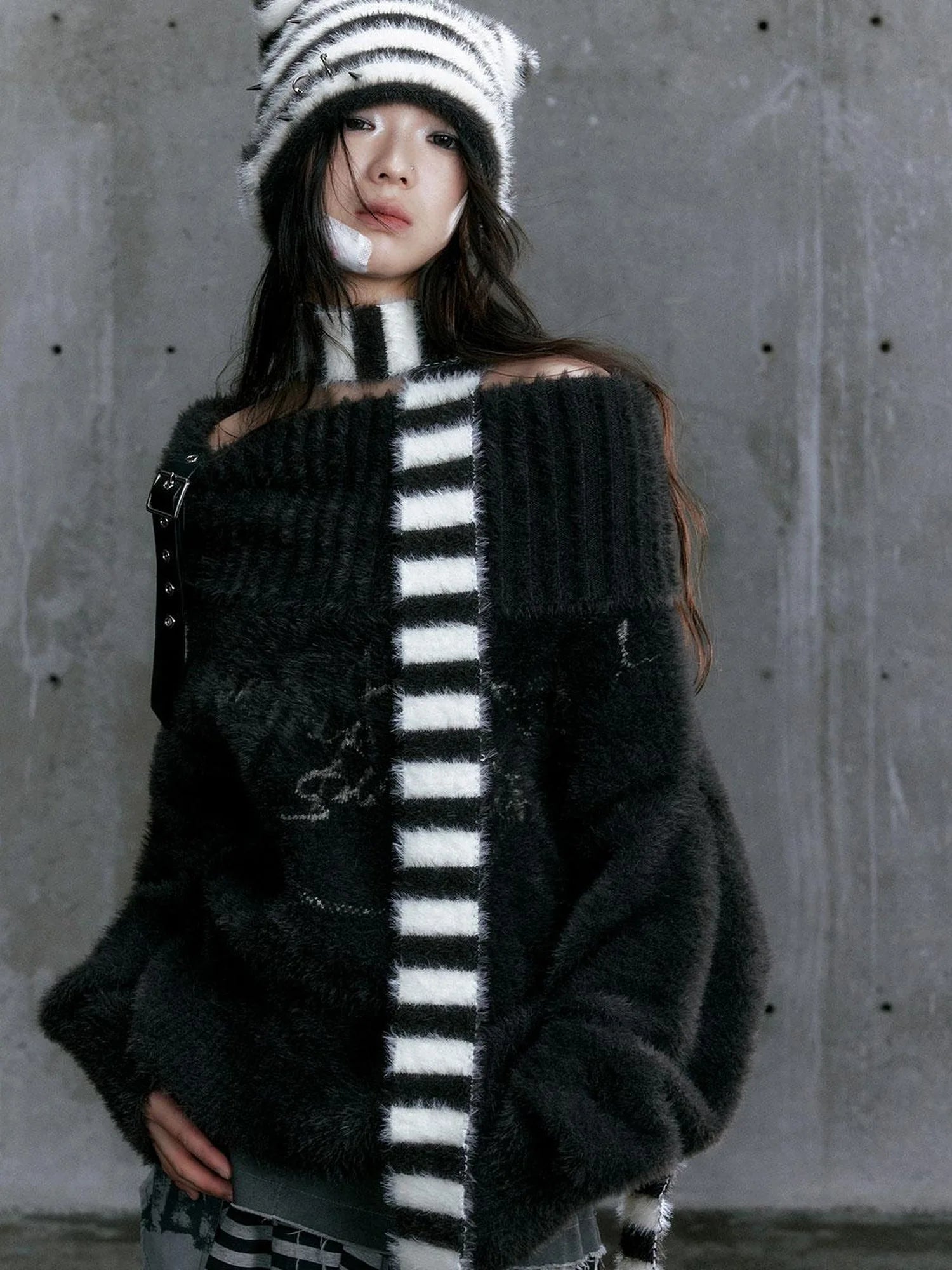 Punk Stripe Cat Ear Studded Scarf Beanie