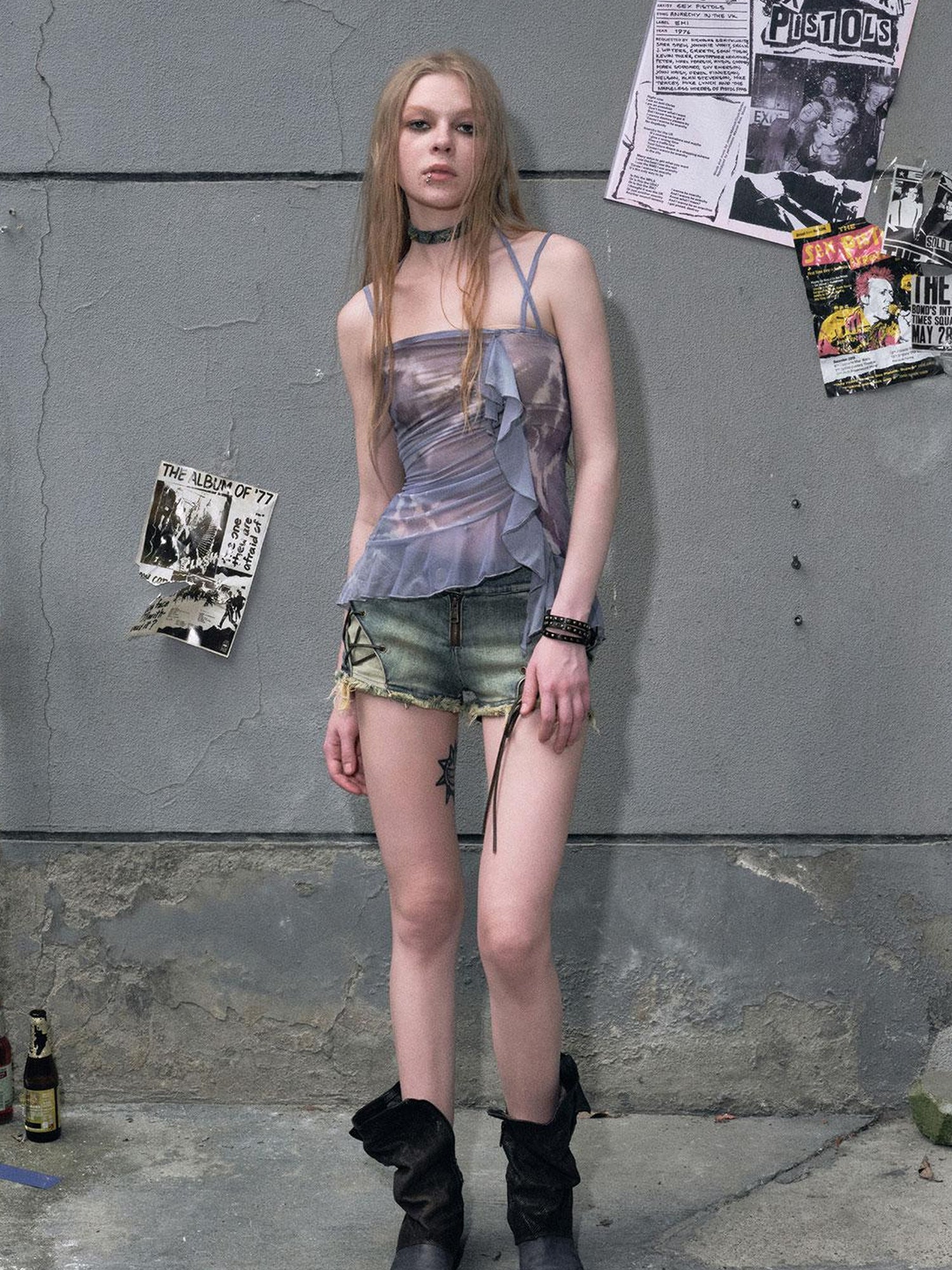 c Sea Dream Mesh Camisole Top V-Neck T-Shirt Long-Sleeve