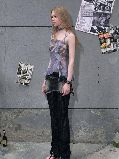 c Sea Dream Mesh Camisole Top V-Neck T-Shirt Long-Sleeve