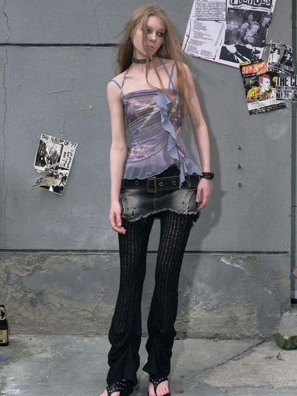 c Sea Dream Mesh Camisole Top V-Neck T-Shirt Long-Sleeve