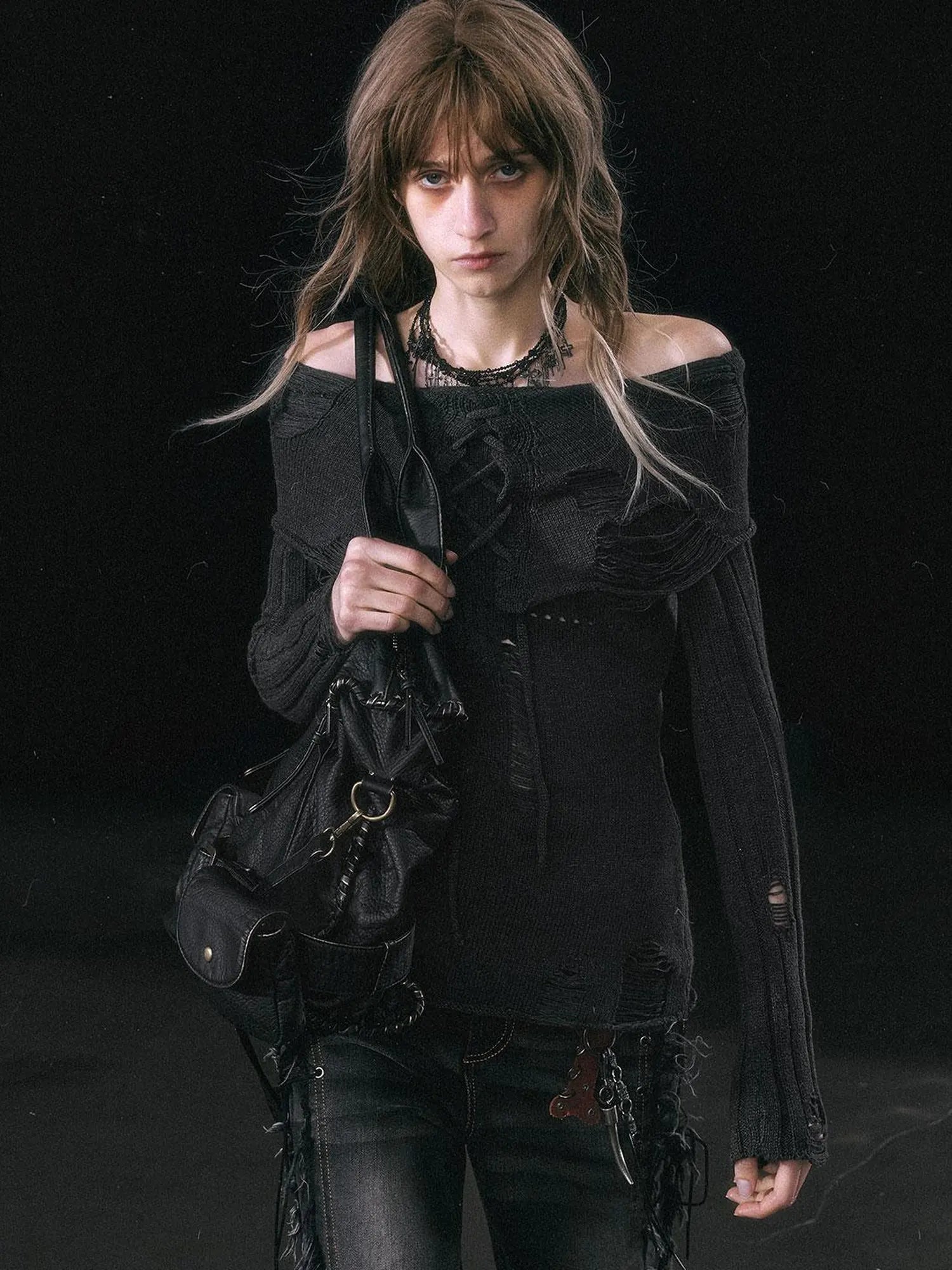 Smoke Rain Resistant Two Tone Distressed Turtleneck Sweater