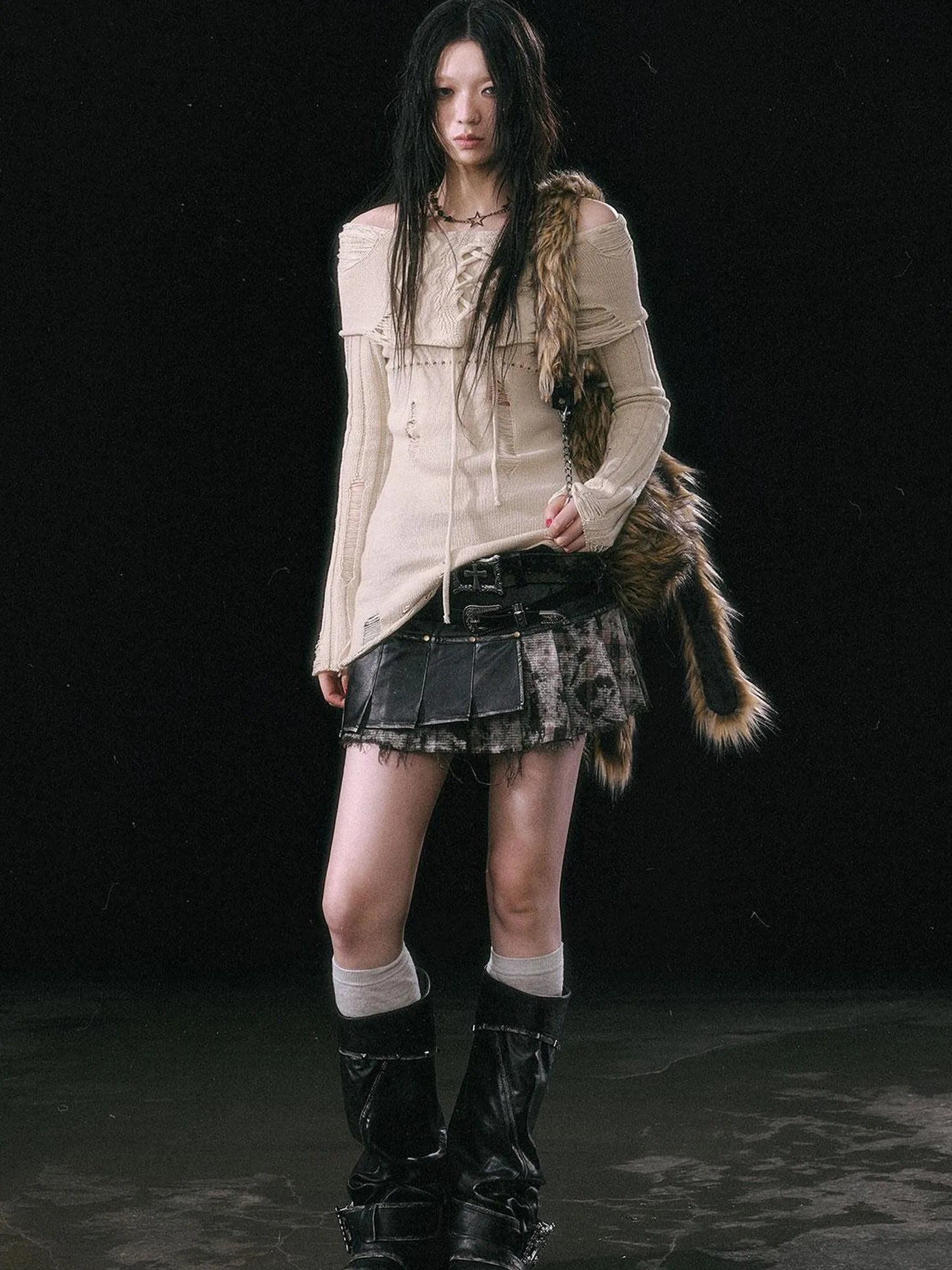 Smoke Rain Resistant Two Tone Distressed Turtleneck Sweater