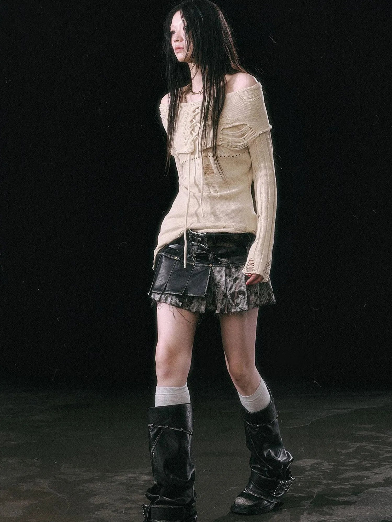 Smoke Rain Resistant Two Tone Distressed Turtleneck Sweater