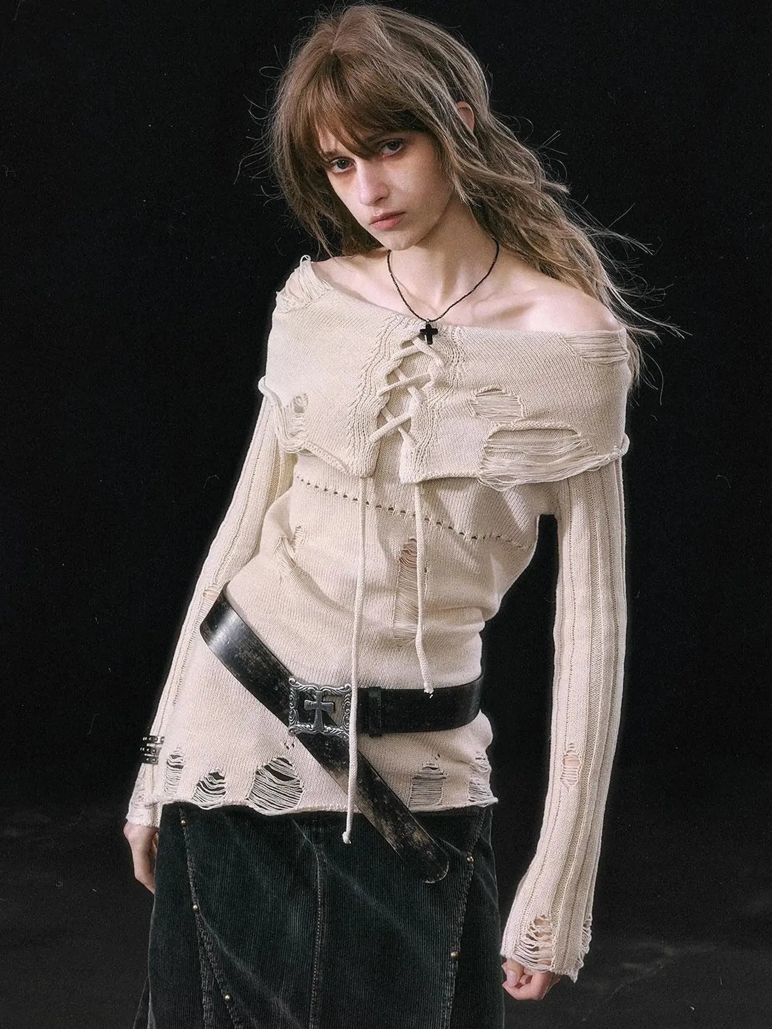 Smoke Rain Resistant Two Tone Distressed Turtleneck Sweater