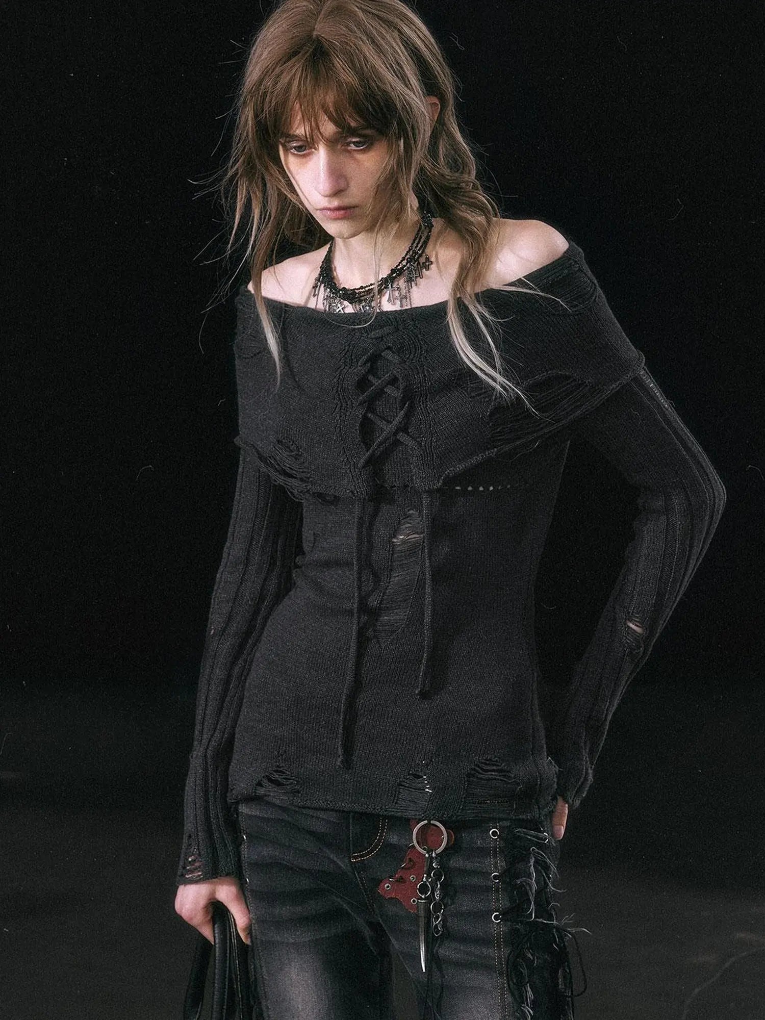 Smoke Rain Resistant Two Tone Distressed Turtleneck Sweater