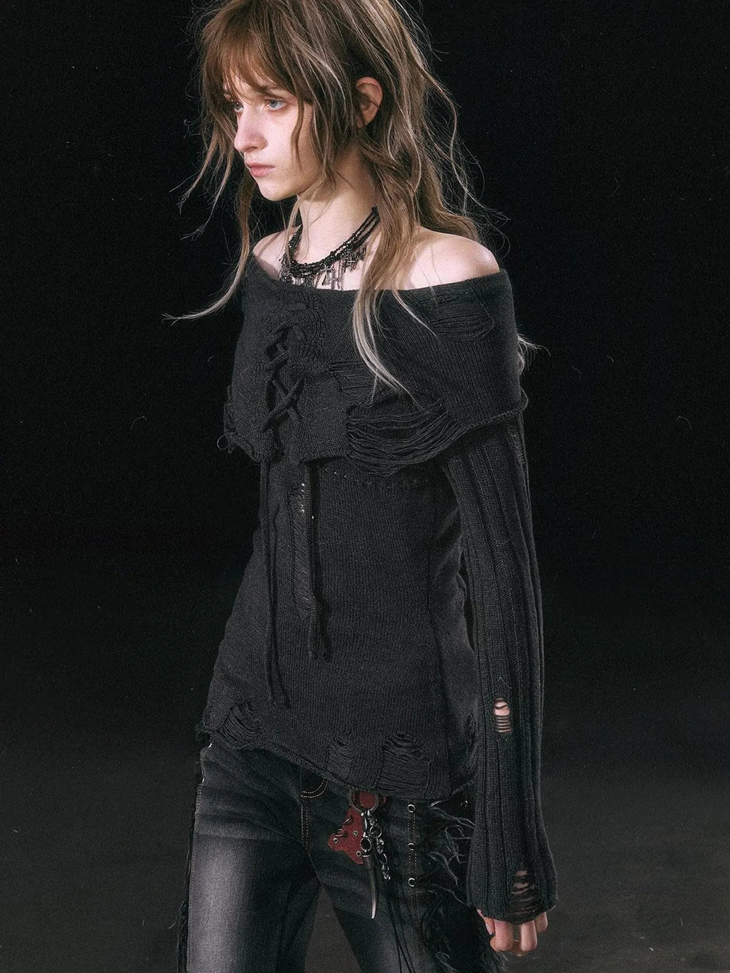 Smoke Rain Resistant Two Tone Distressed Turtleneck Sweater