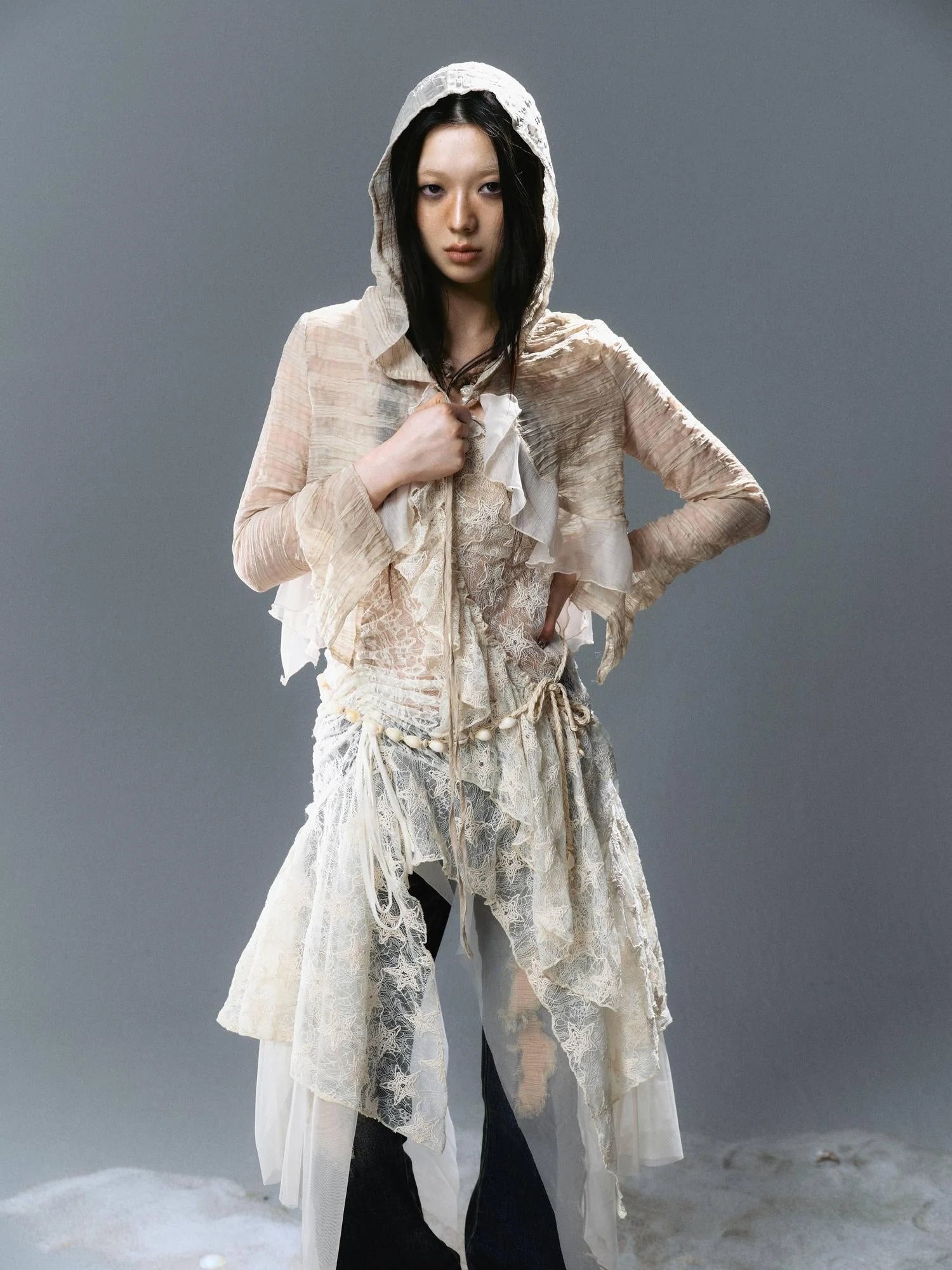 Textured Crinkle Chiffon Hooded Cape