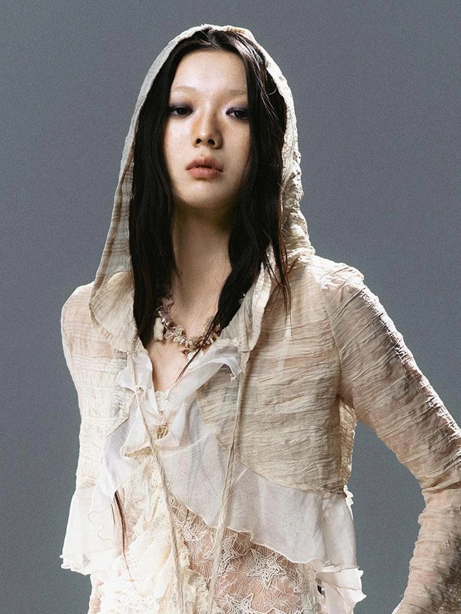 Textured Crinkle Chiffon Hooded Cape