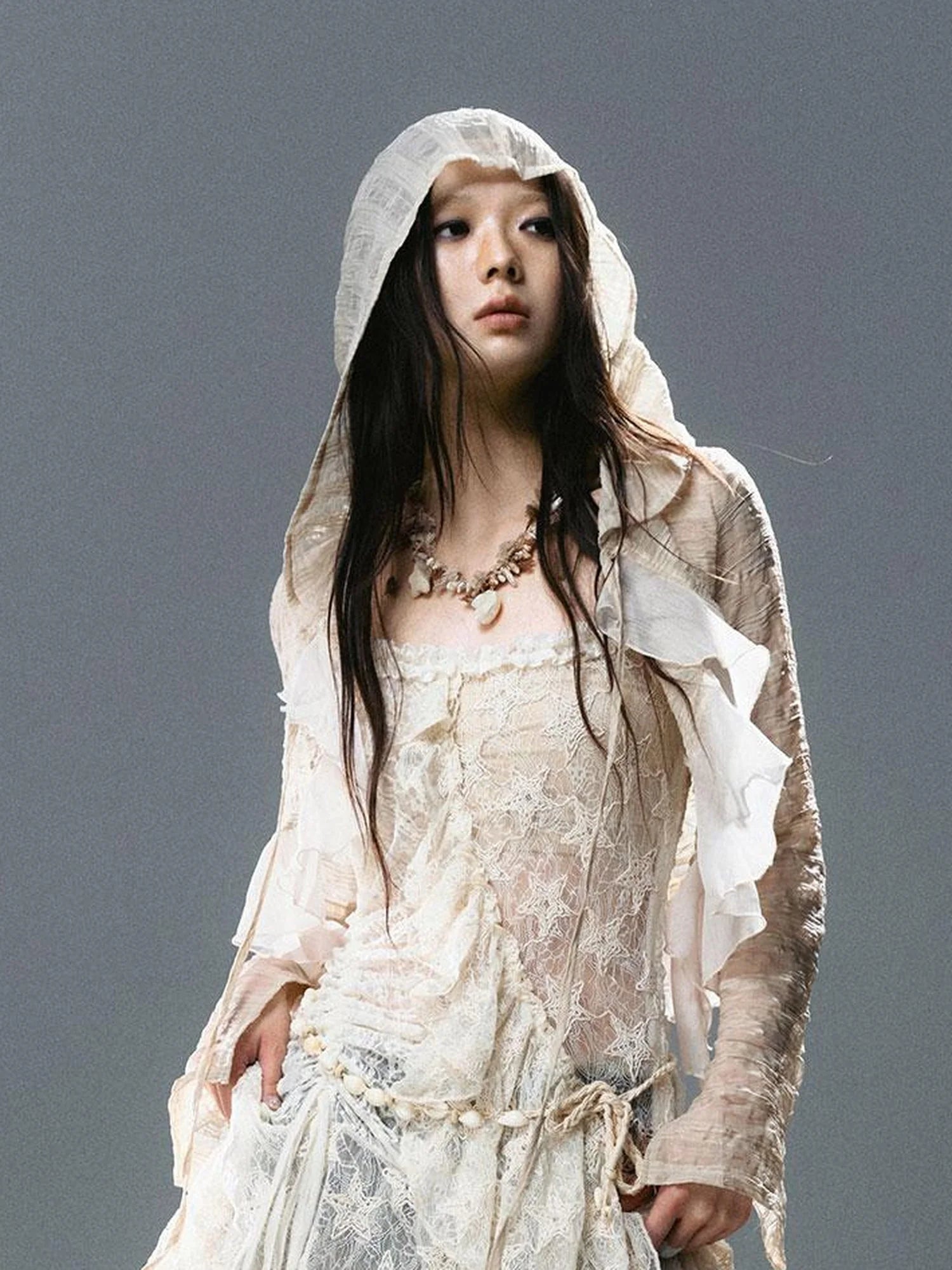 Textured Crinkle Chiffon Hooded Cape