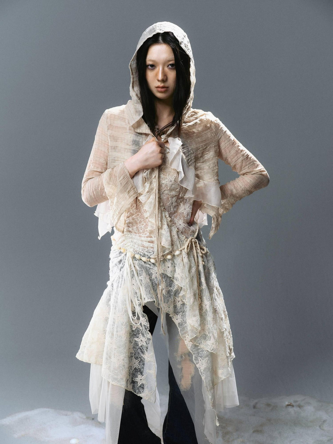 Update c Textured Crinkle Chiffon Hooded Cape