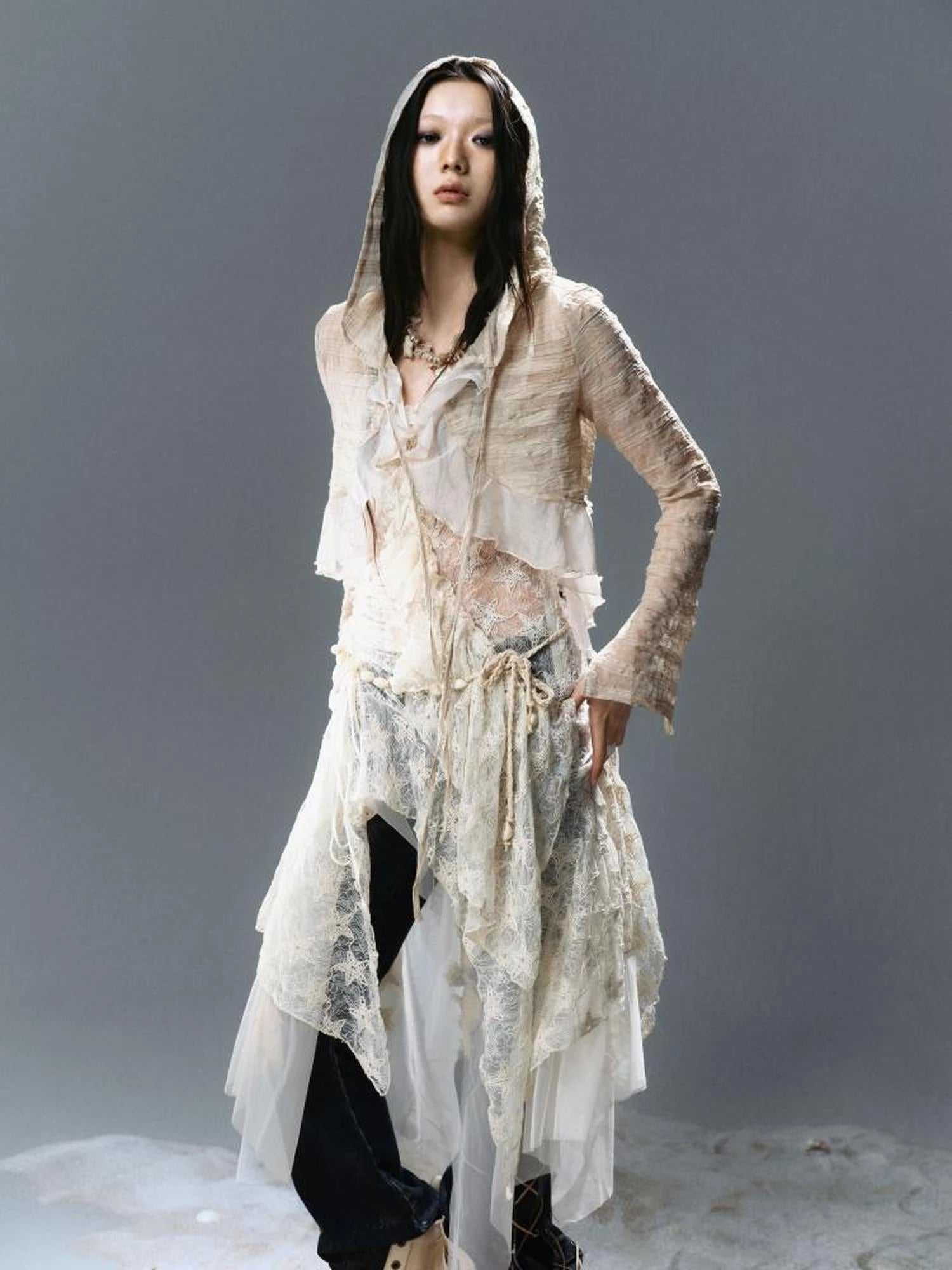 Textured Crinkle Chiffon Hooded Cape