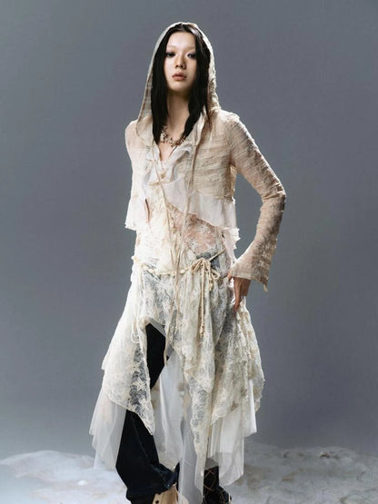 Textured Crinkle Chiffon Hooded Cape