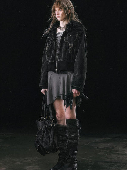 Update c Vintage Black Corduroy Bomber Jacket With Detachable Fur Collar