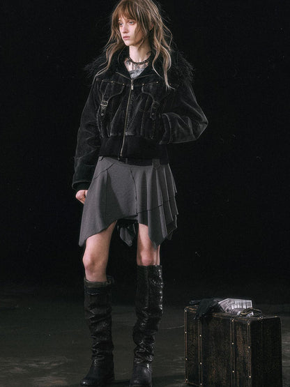 Update c Vintage Black Corduroy Bomber Jacket With Detachable Fur Collar