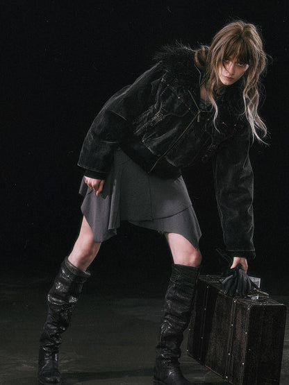 Update c Vintage Black Corduroy Bomber Jacket With Detachable Fur Collar