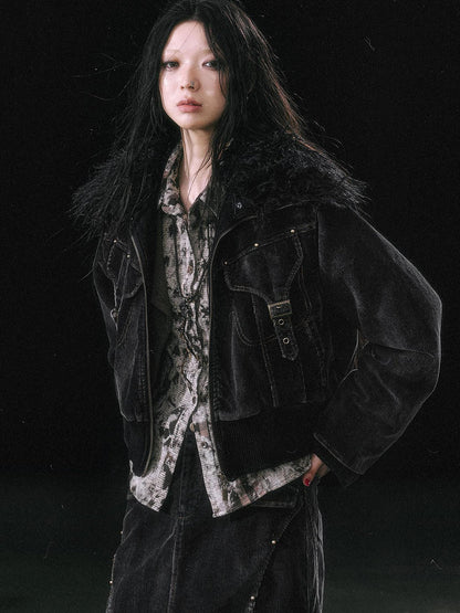 Update c Vintage Black Corduroy Bomber Jacket With Detachable Fur Collar