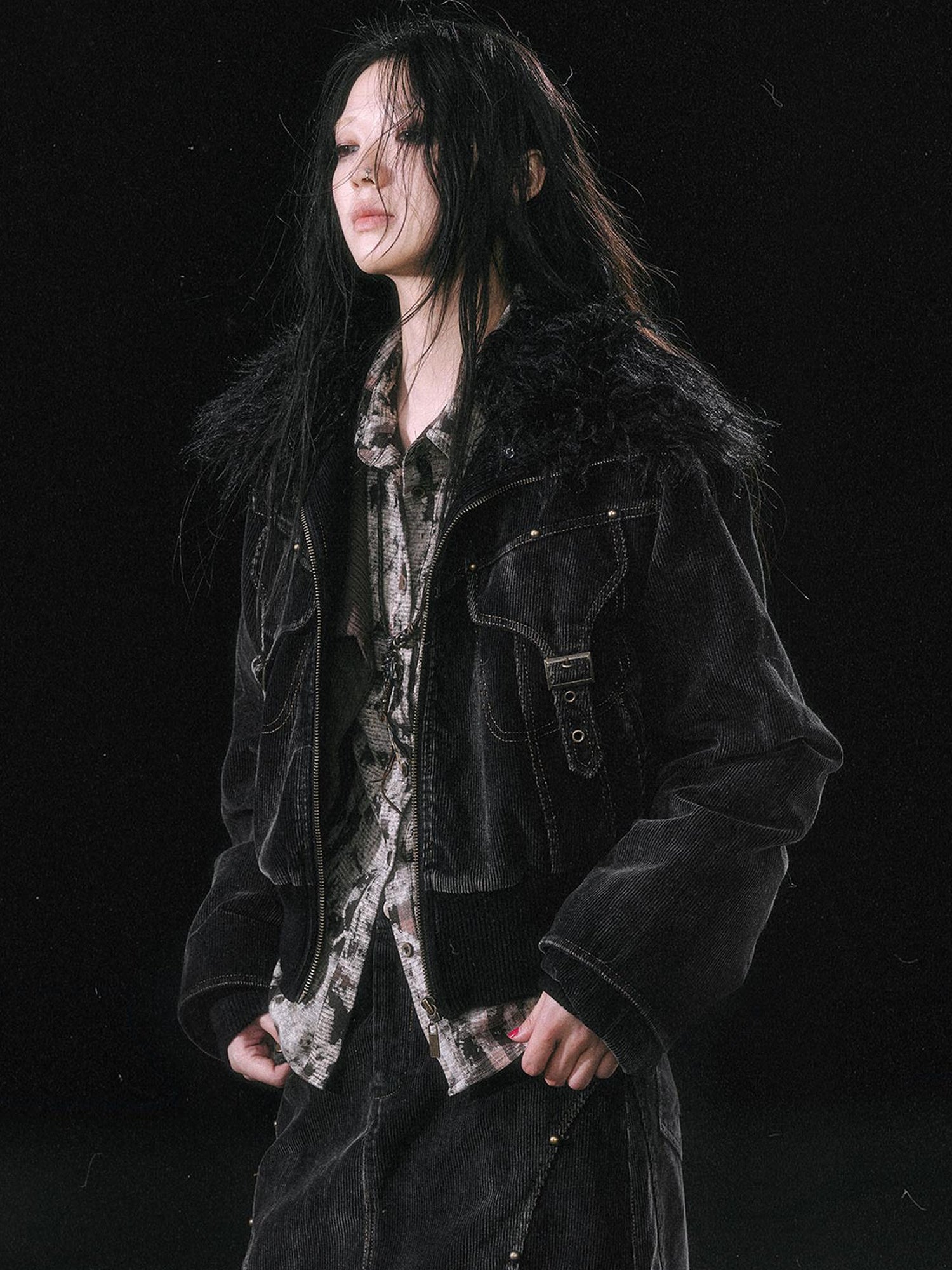 Update c Vintage Black Corduroy Bomber Jacket With Detachable Fur Collar