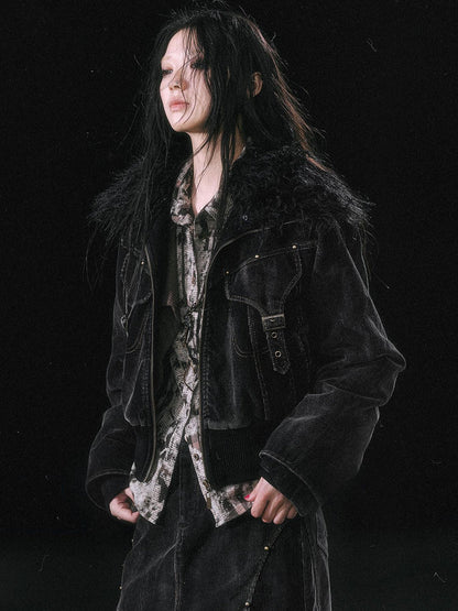 Update c Vintage Black Corduroy Bomber Jacket With Detachable Fur Collar