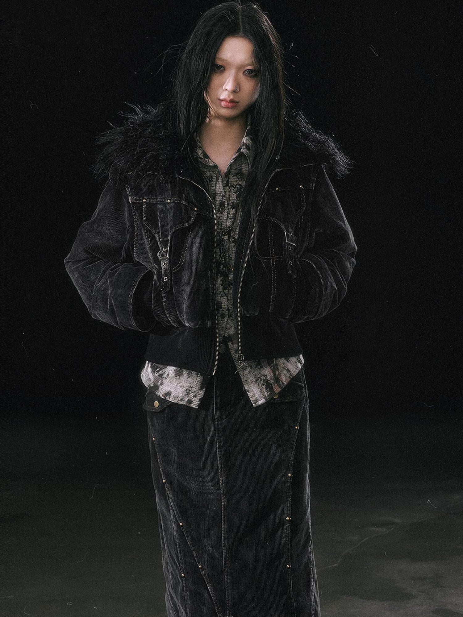 Update c Vintage Black Corduroy Bomber Jacket With Detachable Fur Collar