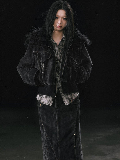 Update c Vintage Black Corduroy Bomber Jacket With Detachable Fur Collar
